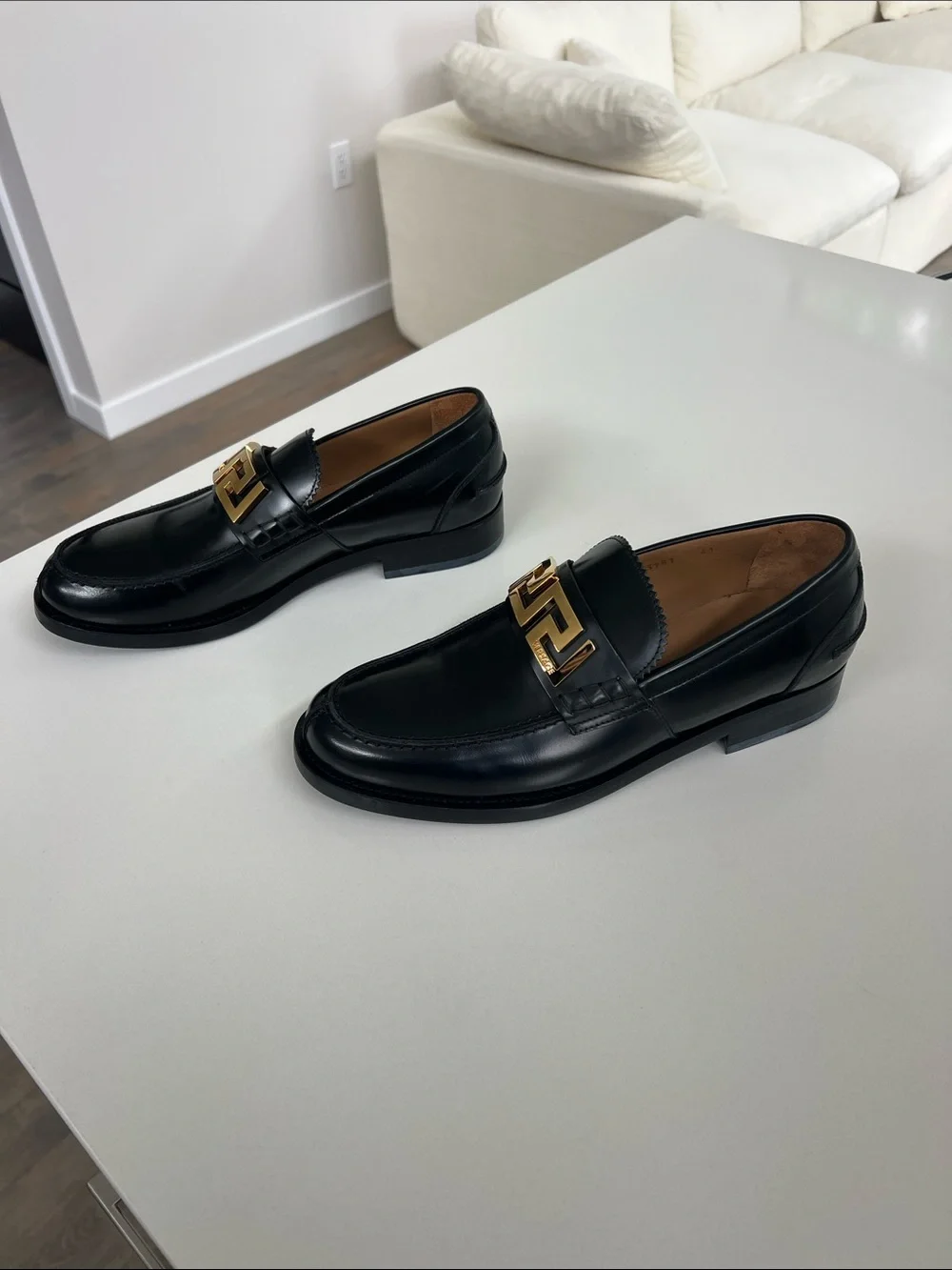 Versace black leather gold tone hardware loafers size 41